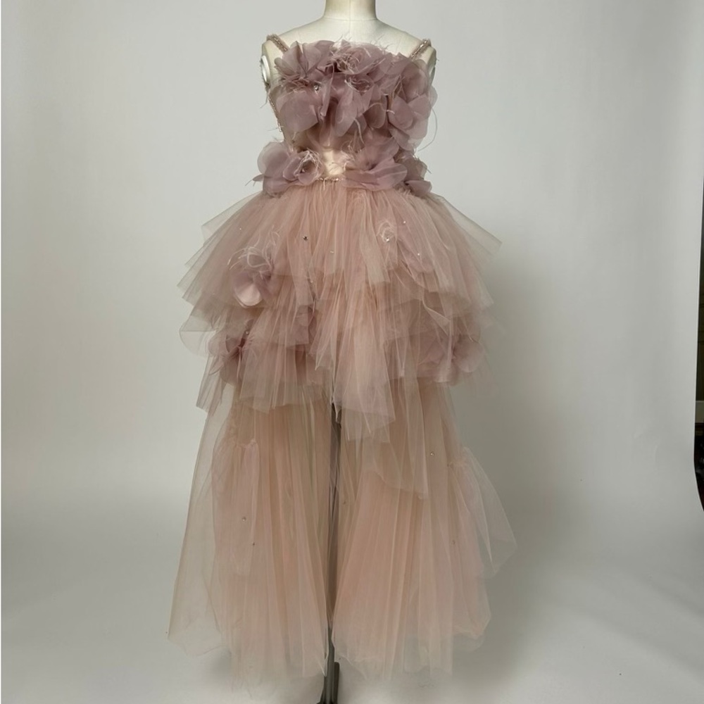 Floral appliqué tule special occasion gown brand Loulou